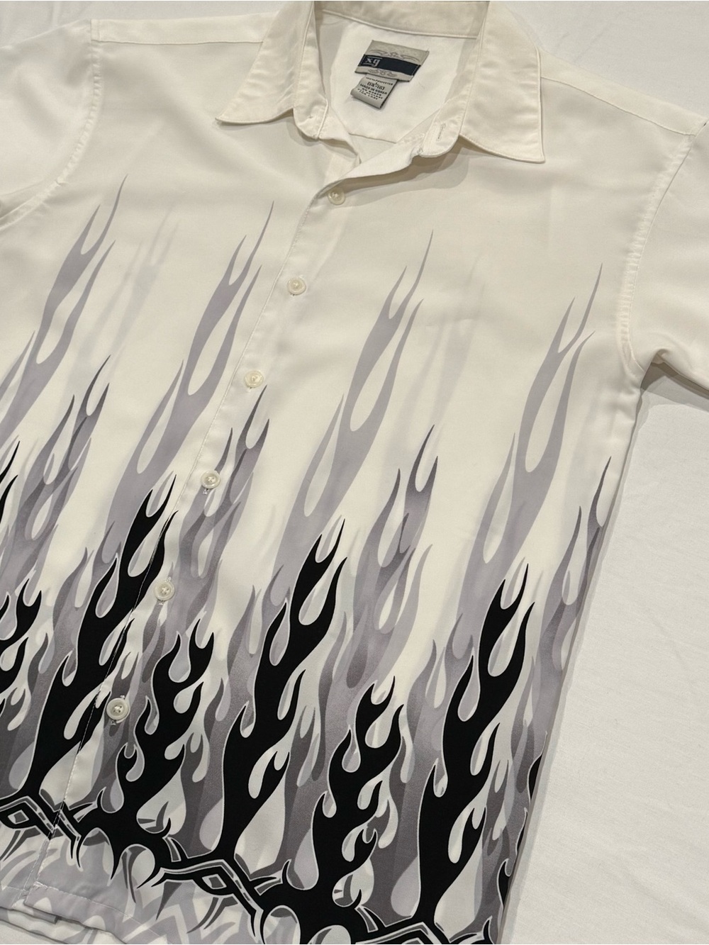 Vintage XG Mens Shirt L White Black Flame ButtonUp Punk Y2K Grunge Made in Korea